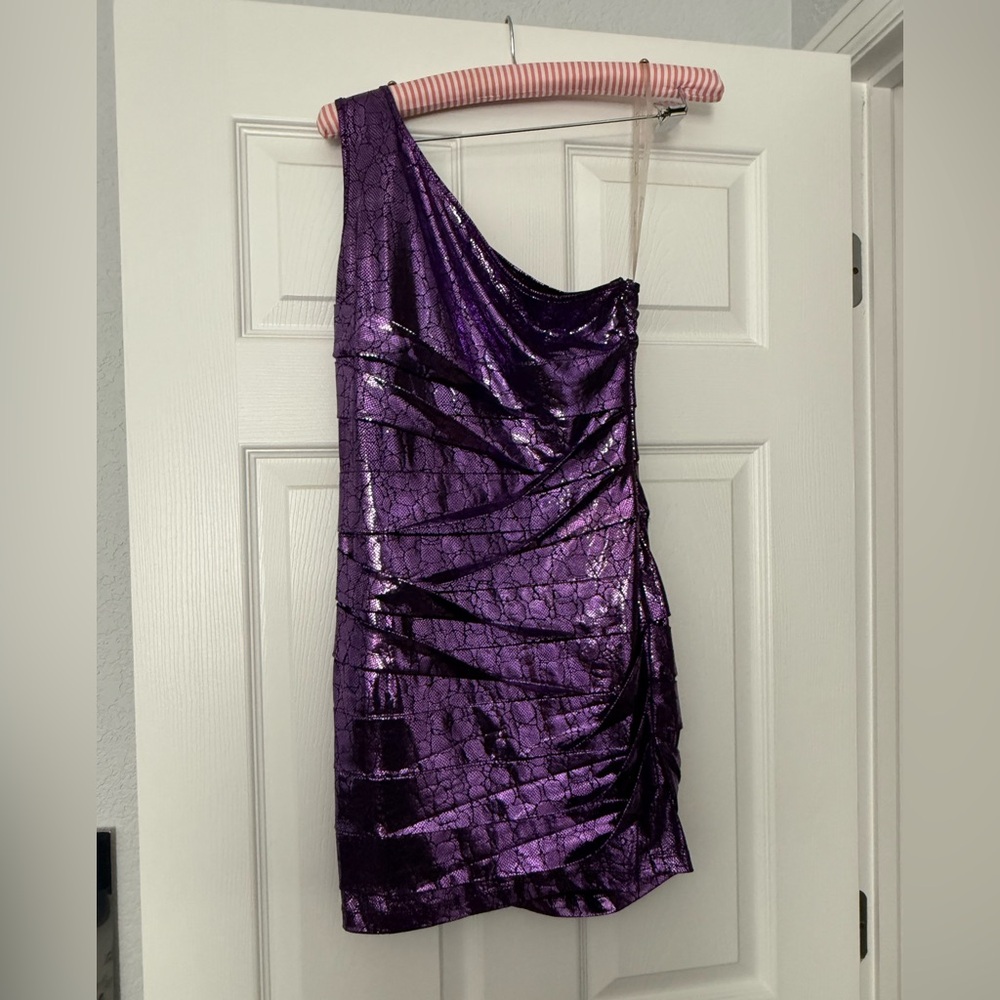 Forever 21 Metallic Purple Snake Print One-Shoulder Dress